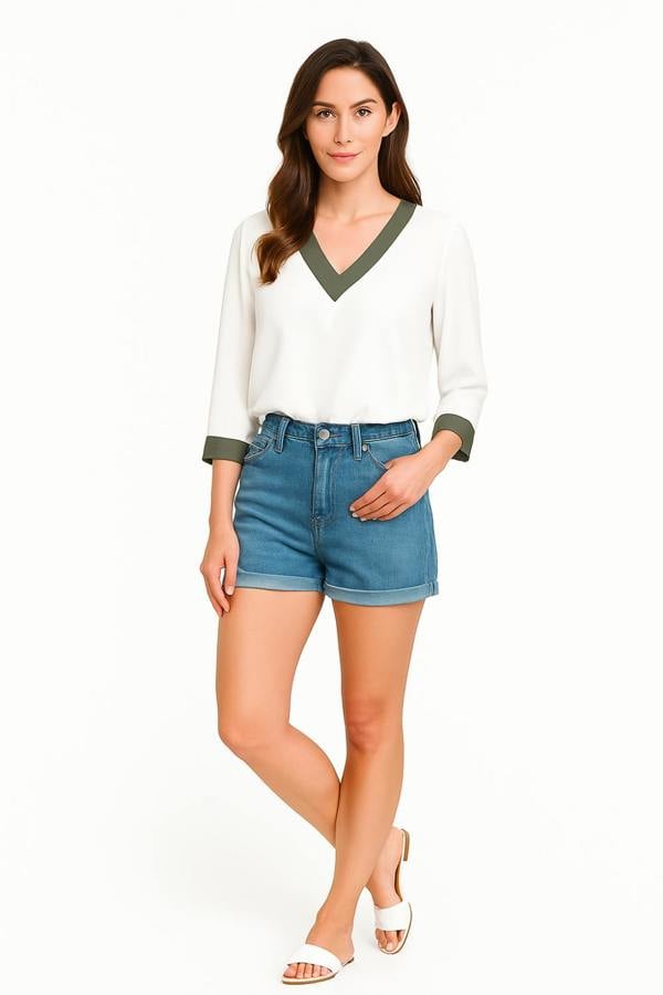 Hoxton Gal Oversized Top With Khaki Tape Collared Details In White