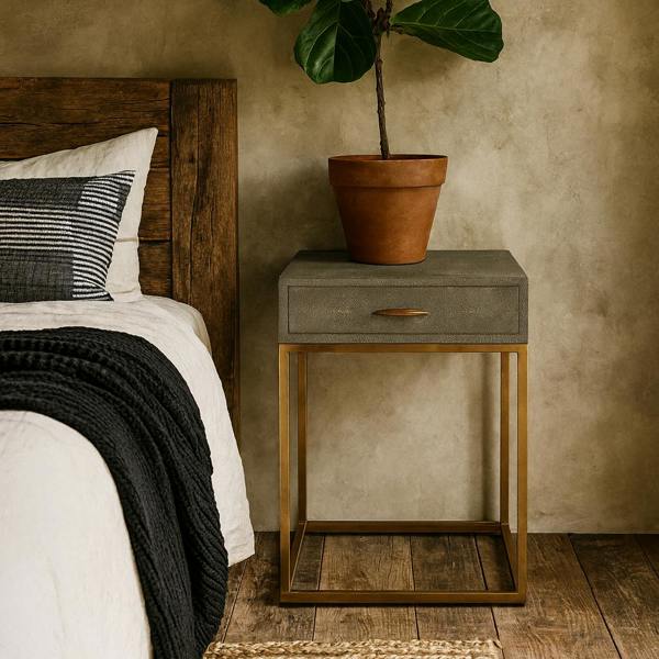 Wyld Haus Mandalo Taupe Shagreen and Brass One Drawer Side Table