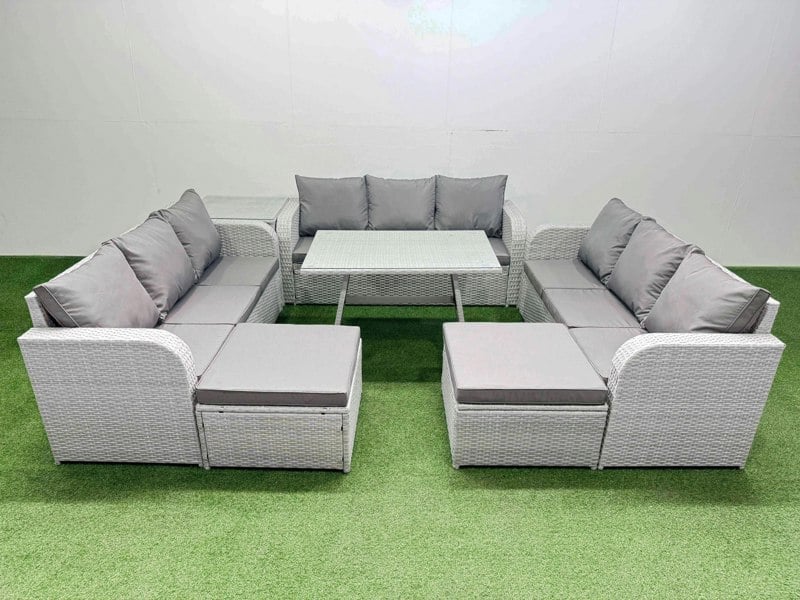 Fimous 11 Seat Outdoor PE Rattan Garden Furniture with Cushions 3 Seater Sofa Side Table 2 Big Stools Light Grey