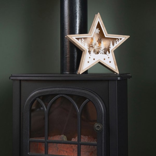 Samuel Alexander 23cm Battery Operated Wooden Star Shape Woodland Scene Christmas Decoration