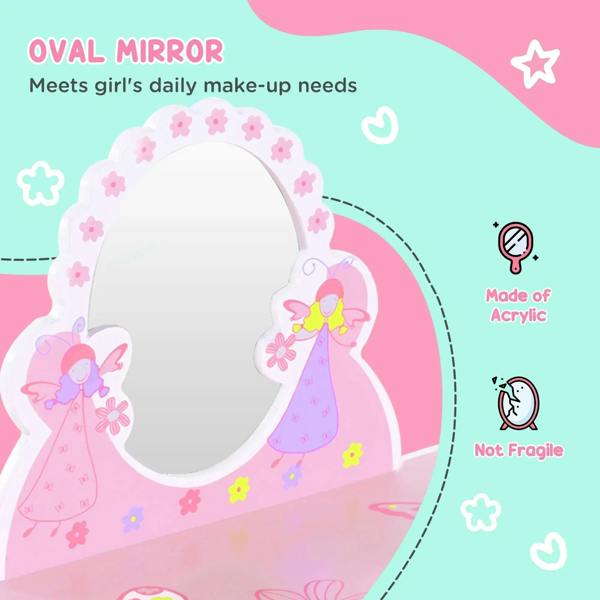 Oval vanity mirror with floral fairy frame on pink kids dressing table