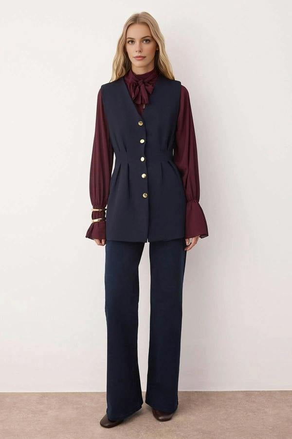 WOVCOR Woven Vest with Peplum and Snaps Detail