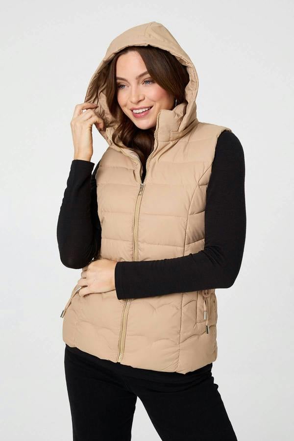 Stone | Hooded Padded Sleeveless Puffer Gilet
