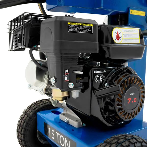 15T Log Splitter featuring a powerful engine, sturdy black casing, and durable wheels for easy mobility and operation
