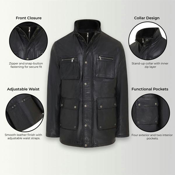 Infinity Leather Men’s Leather Military Jacket Outwear Trenchcoat - Field