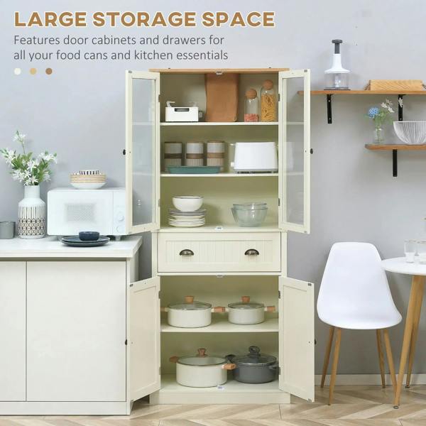Cream white freestanding cupboard with open shelving, drawers, and paneled storage doors