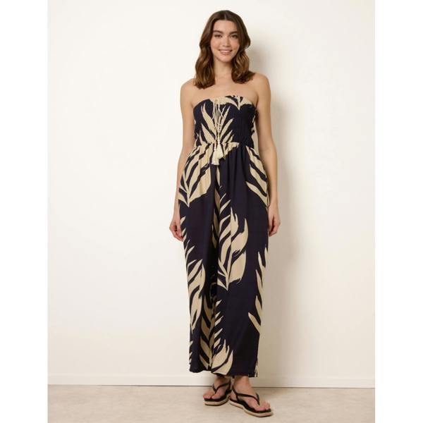 Blue Vanilla Printed Bandeau Tie Neck Shirred Jumpsuit