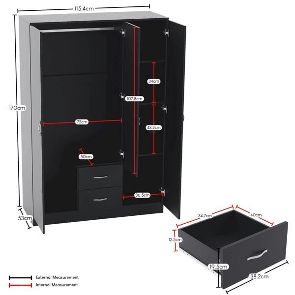 Vida Designs Riano 3 Door 2 Drawer Mirrored Wardrobe