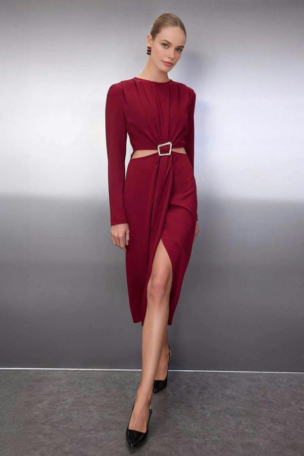 WOVCOR Wrap Skirt Midi Woven Dress with Cut Out and Accessory Detail