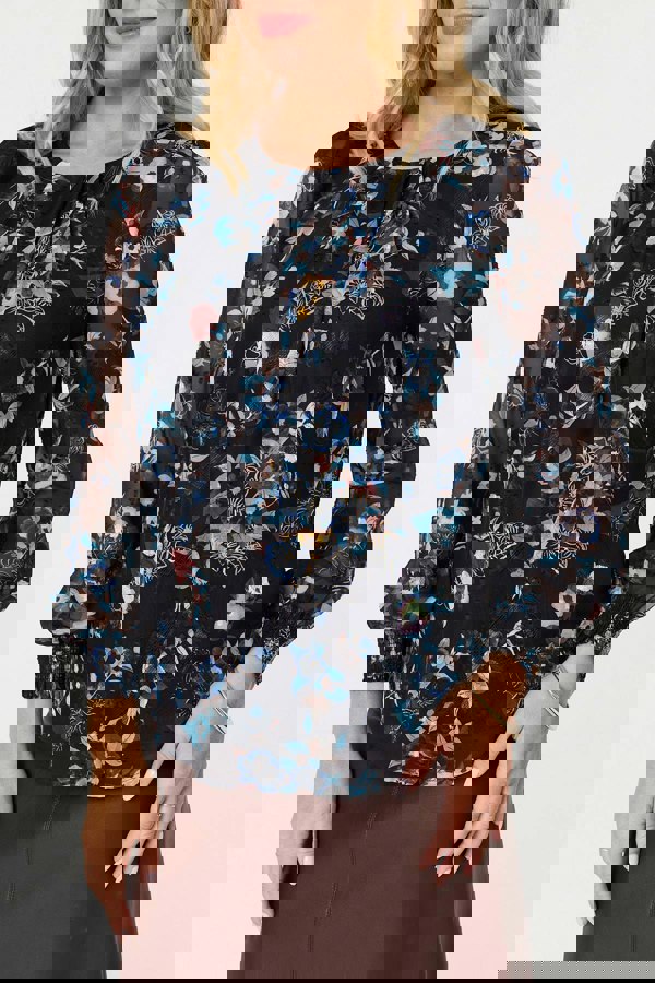 Blue | Floral Semi Sheer Long Sleeve Blouse
