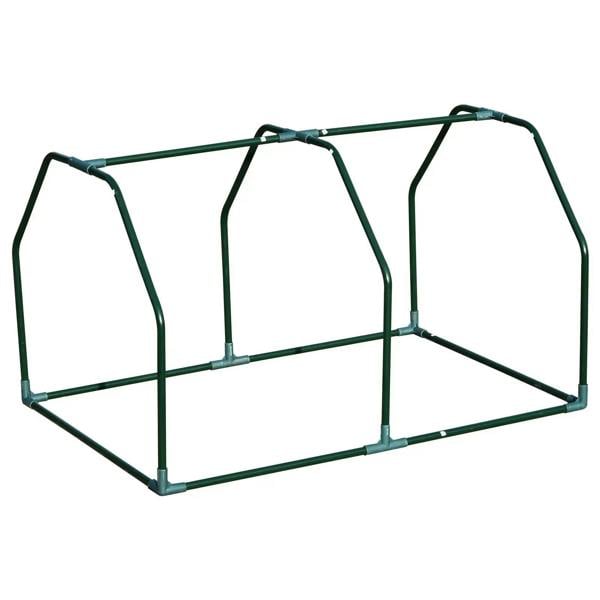 Green steel frame for mini greenhouse with arched supports and base platform