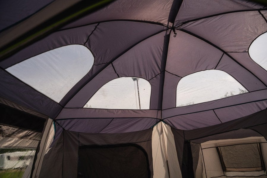 An image showing the skylights that are in the roof of the Hive 6 Berth Poled Tent by OLPRO.