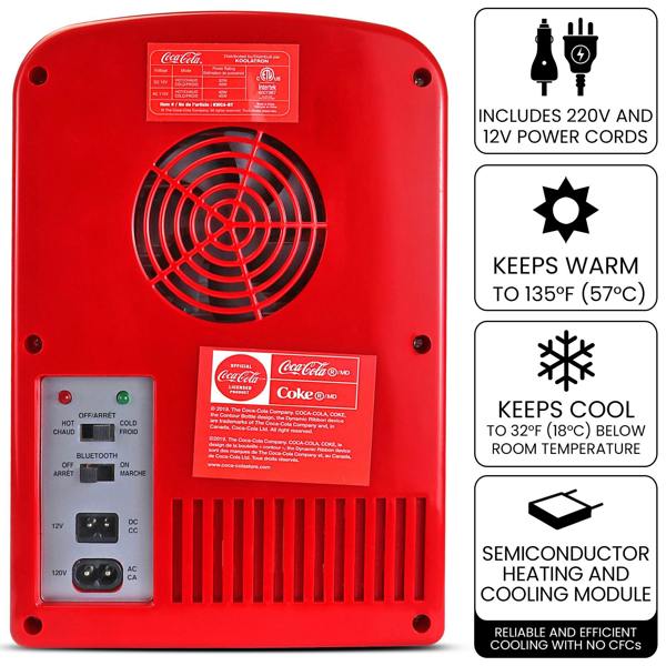 Coca-Cola Coca Cola 4L Mini Fridge For Bedrooms 6 Can 12V Portable Cooler Warmer with Bluetooth Speaker