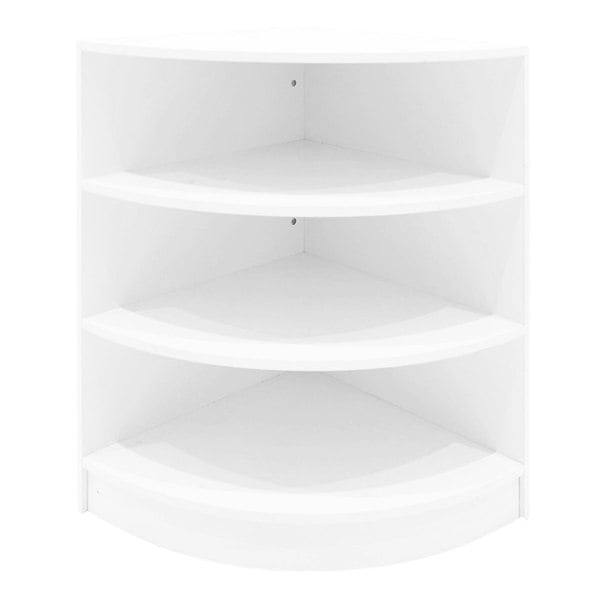 Curved white LED shop counter with four spacious shelves, designed for modern retail displays and efficient organization