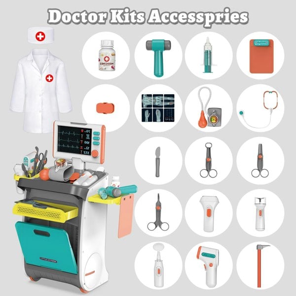 deAO Toys Doctor Kit for Toddlers, Kids Pretend Medical Station Set with Mobile Cart, Height Measuring Rod, Thermometer, Stethoscope