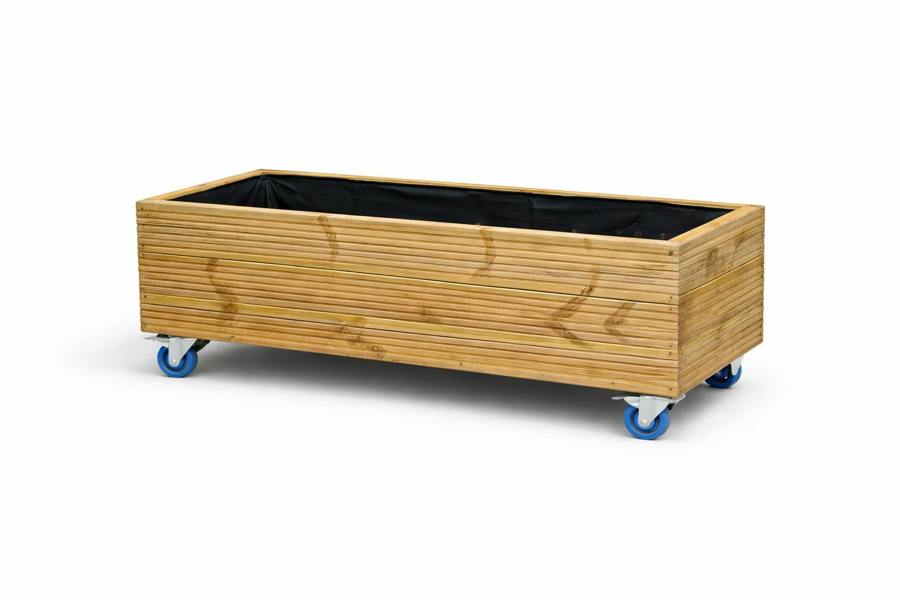 Wheeled wooden garden trough planter made from decking timber on castors
