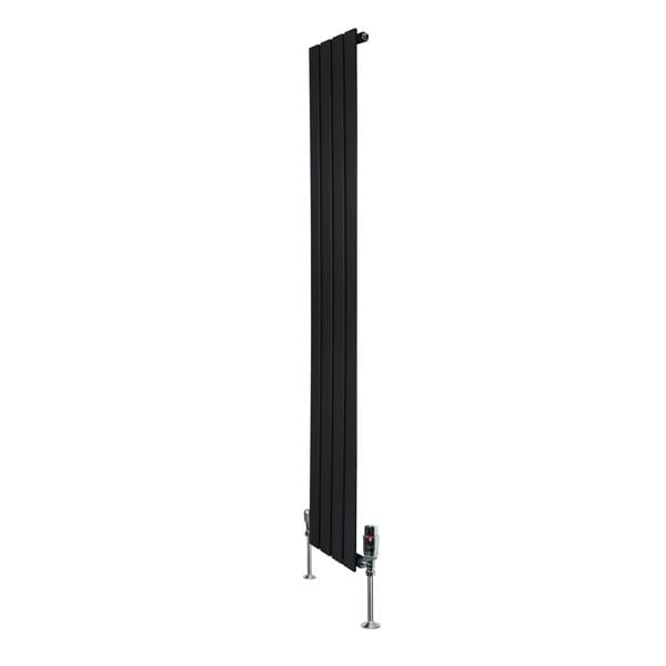 Flat single column radiator in sleek black, measuring 1600mm x 280mm, featuring modern vertical design and integrated valves