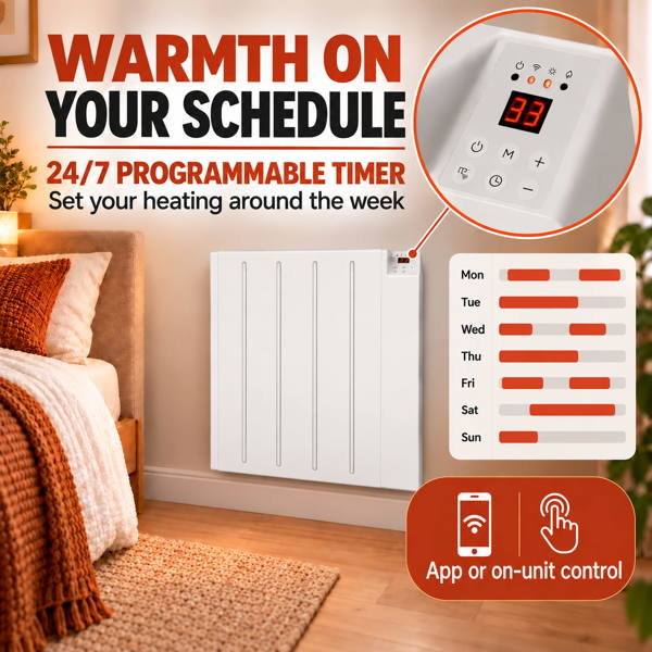 MYLEK Electric Radiator Panel Heater WIFI Smart APP Eco 1000W Bathroom Safe Wall Mounted Timer Thermostat