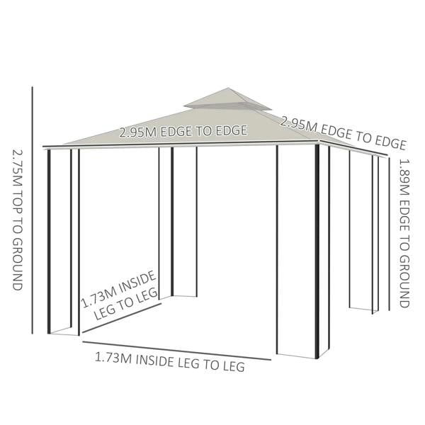 Garden gazebo size diagram with inside and edge-to-edge leg measurements