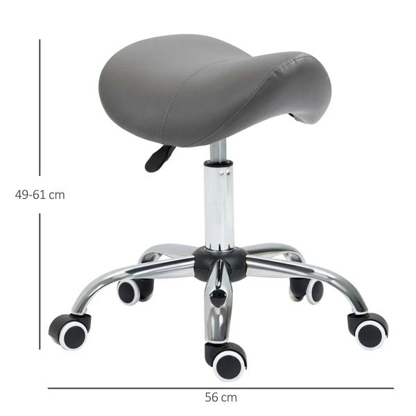 Grey saddle stool with rounded faux-leather seat, chrome stand, and 5-wheel casters