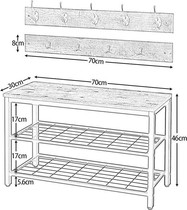 Rafaelo Mobilia Hallway Shoe Bench Set with 9 Hooks and Shelf