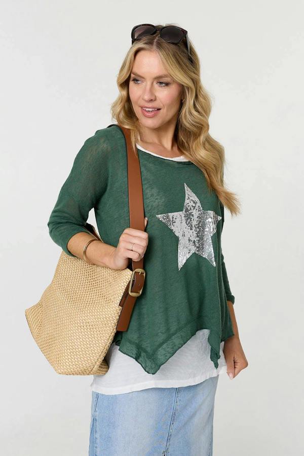 Green | Sequin Star Front Relaxed Layered Top