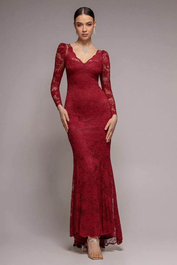 Fit & Flare Scallop Lace V Neck Maxi Dress - Burgundy DR4994