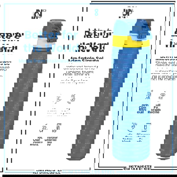 A stainless steel water bottle, featuring a blue body and yellow band, displays repeated text; it sits against a white background with text highlighting its durability and recyclability.