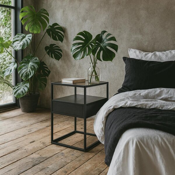 Wyld Haus Wrenna Black Bedside Table Glass Top