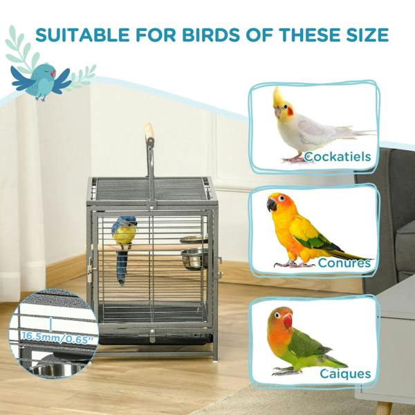 Black wire bird cage with small colorful birds perched on wood perches.
