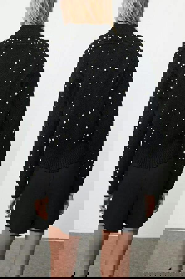 WOVCOR Soft Textured Zippered Knit Cardigan with Stone Details