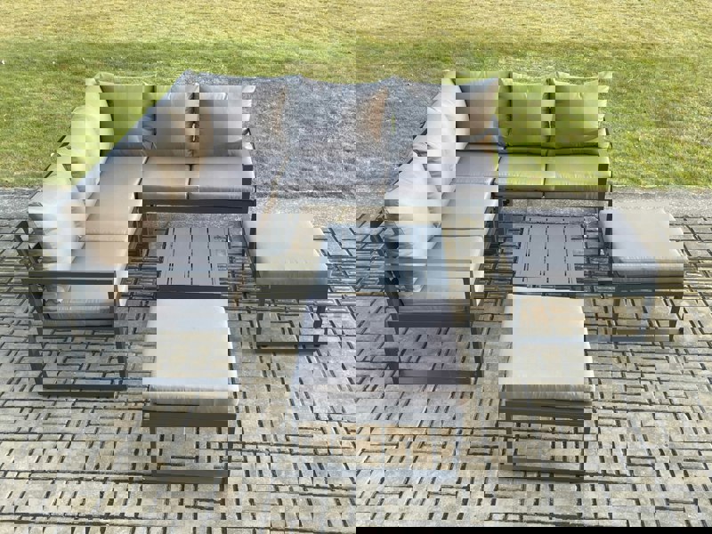Fimous Outdoor Garden Furniture Set Aluminium Lounge Sofa Square Coffee Table Sets with 2 Big Footstool Indoor Conservatory Set Dark Grey