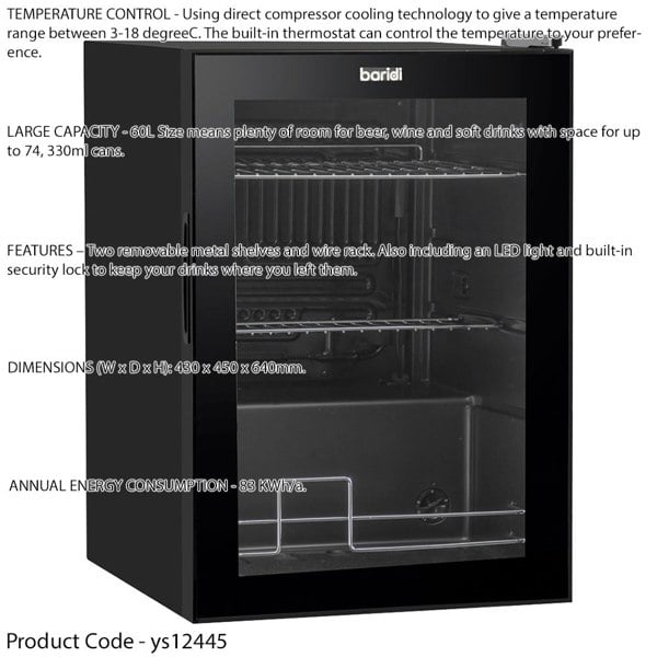 60L Under Counter Wine Beer Drinks Fridge Cooler - BLACK & GLASS 74x 330ml Cans - LoopsDirect