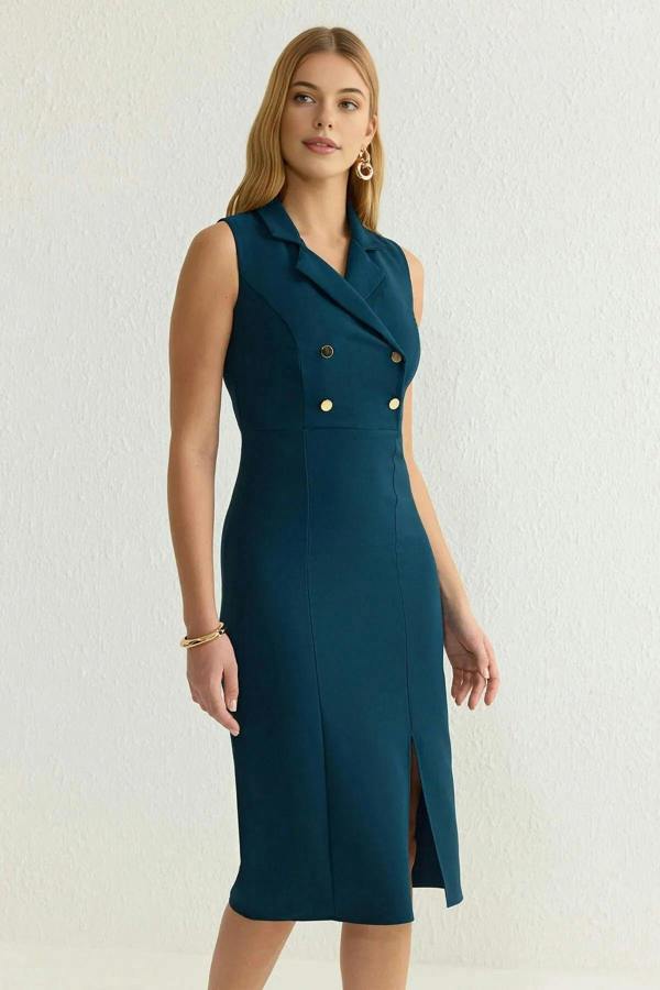 WOVCOR Fitted Jacket Collar Midi Woven Dress