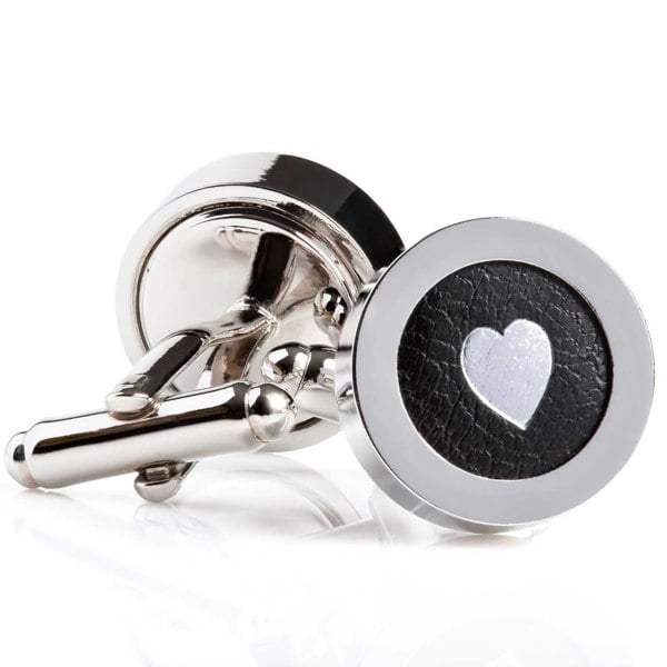 N'Damus London Regent Black Leather Silver Heart Cufflinks