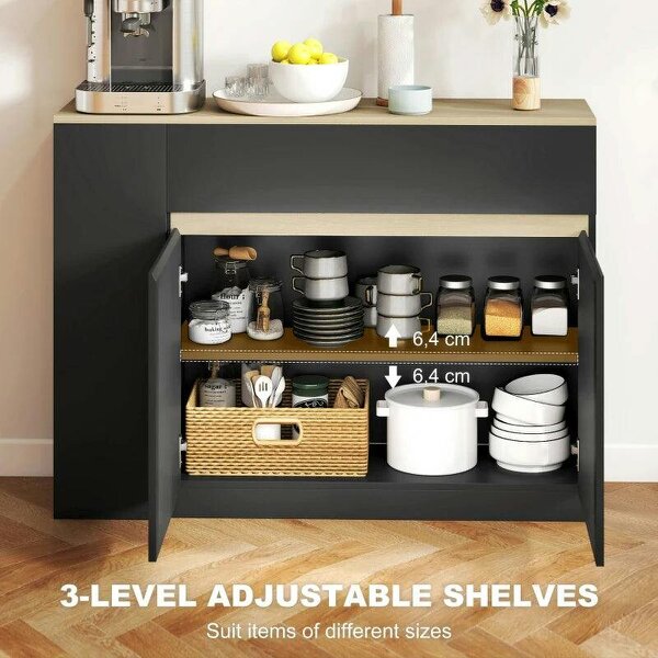 Kitchen Island, Storage Cabinet with Adjustable Shelf, 2 Drawers, 3 Open Shelves, Black