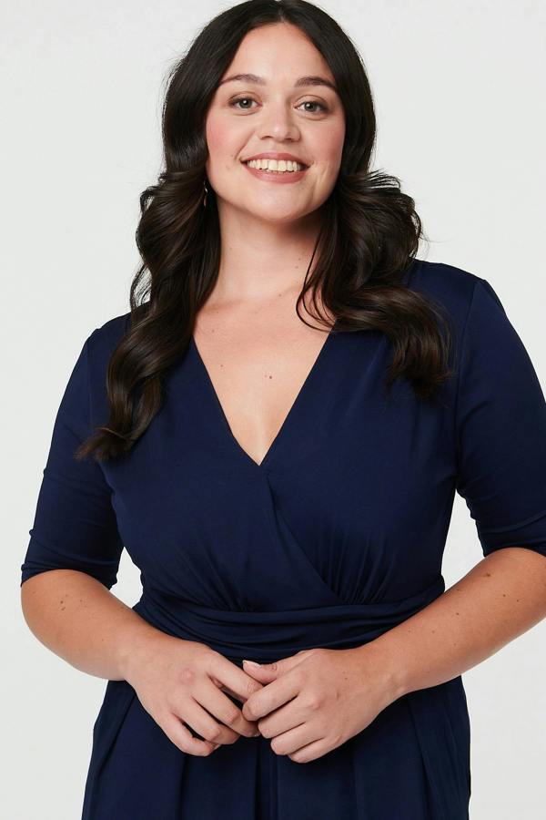 Navy | Curve 1/2 Sleeve Wrap Wide Leg Jumpsuit
