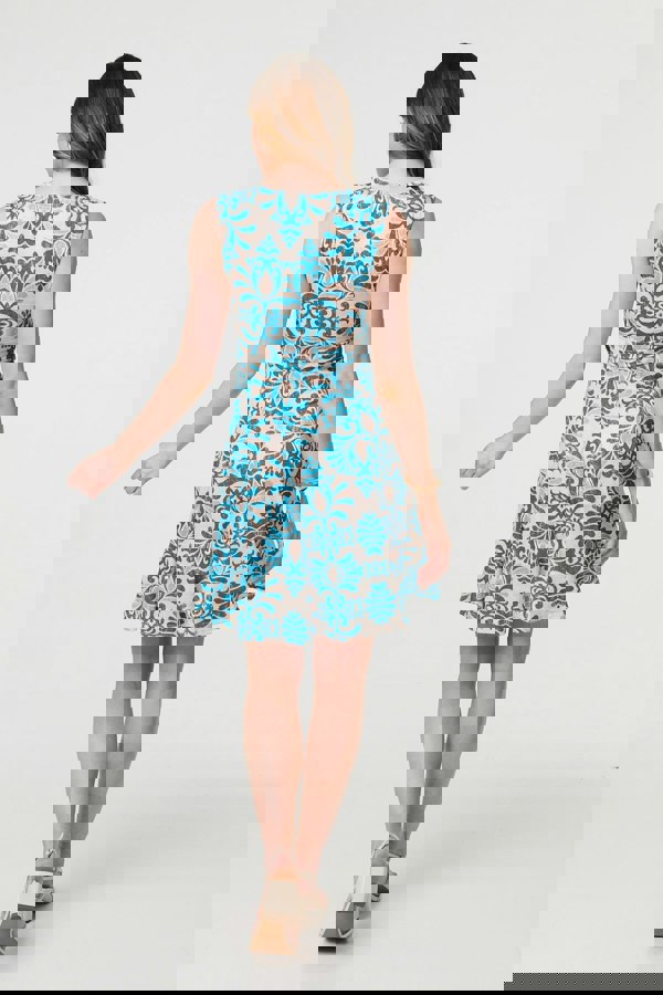 Blue | Printed Tie Waist Knee Length Skater Dress