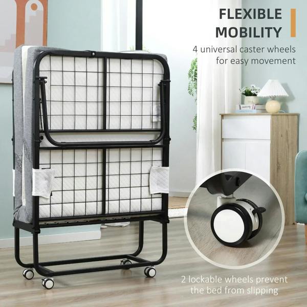 Folding guest bed with grid side panel and black metal frame, featuring universal caster wheels