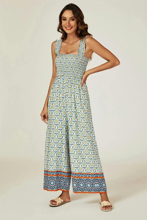 FS Collection Geo Print Stretchy Smocked Wide Leg Jumpsuit In Blue