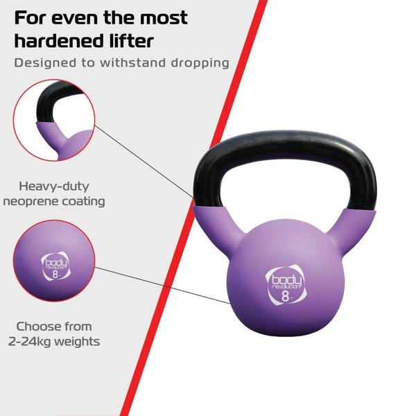 Heavy-duty 18kg neoprene kettlebell in vibrant purple with a sturdy black handle, designed for durability and comfort during workouts
