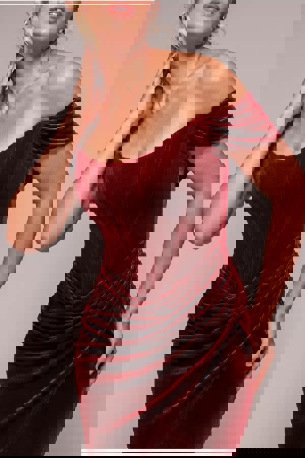 Draped Shoulder Velvet Corset Midi Dress - Wine DR4066