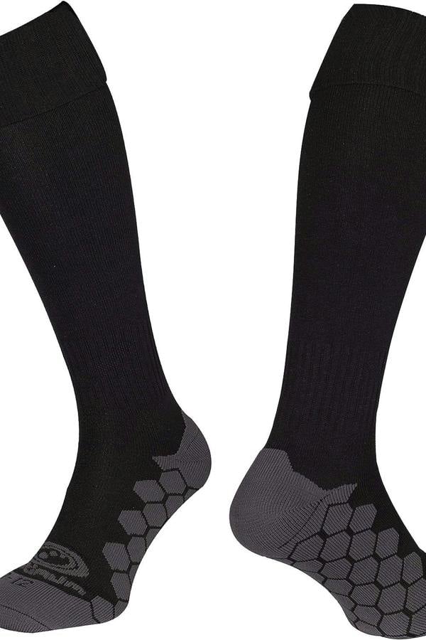Pair of black Classico football socks with grey hexagonal grip footbed on white - Optimum