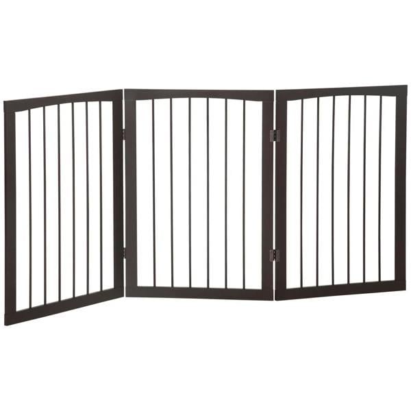 Foldable 3-panel dog safety gate with brown frame and vertical metal bars