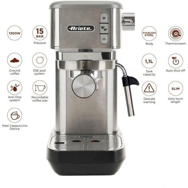 Ariete Slim Metal Espresso Coffee Maker 1300W Brushed Stainless Steel