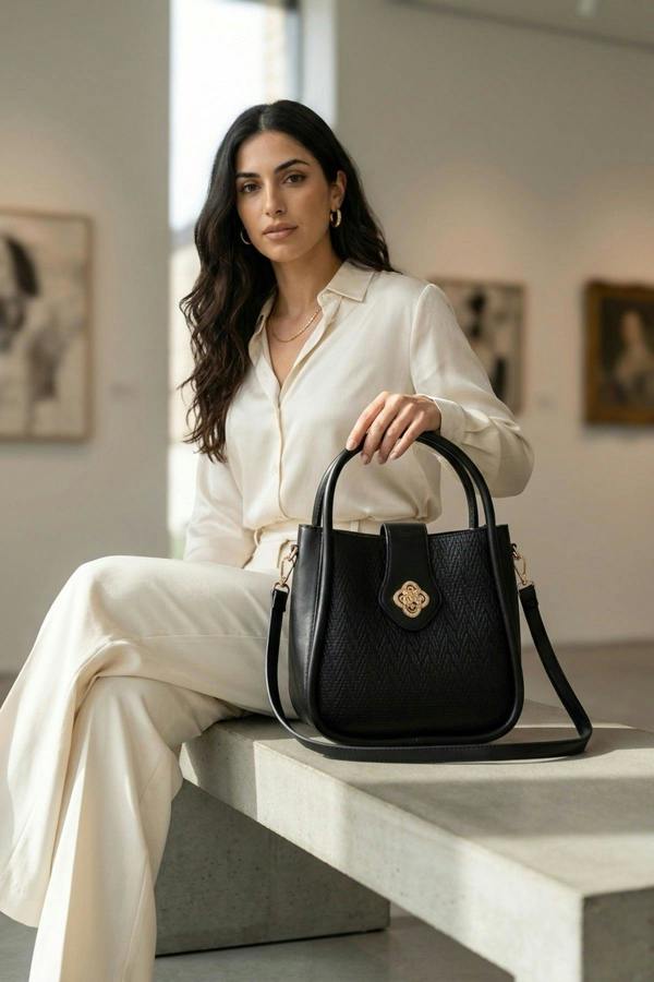 Cordelia Woven Panel Shoulder Bag - Black
