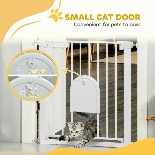 White pet gate with arched cat door, lock and unlock positions shown