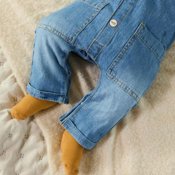 Mini Cuddles Baby Boys Cotton Button Front Full Sleeve Denim Romper Casual Wear, Dark Wash Blue