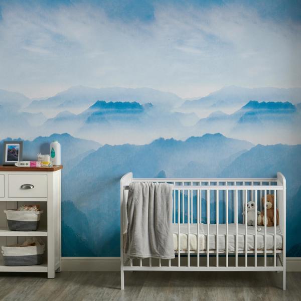 Grandeco Misty Mountain Landscape 3 panel repeatable Textured Mural, 1.59 x 2.8m Blue