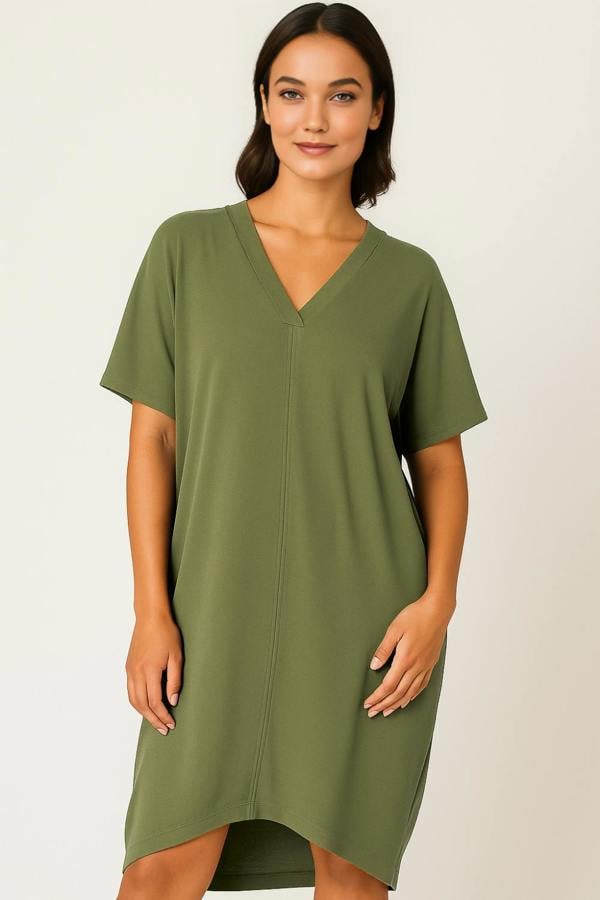Hoxton Gal Relaxed Fit V-Neck Batwing Sleeve Midi Dress Kaftan Style in Khaki